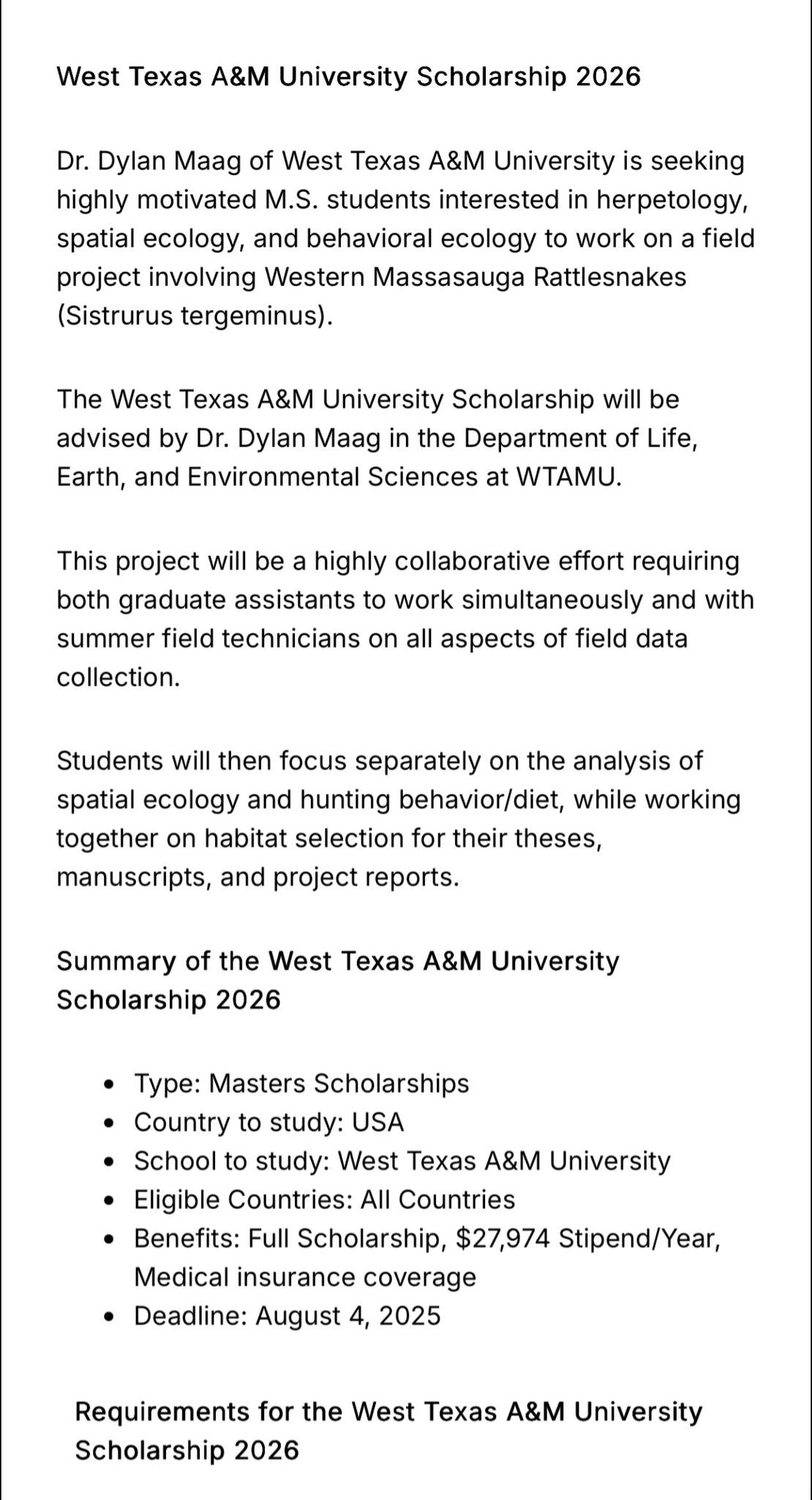 West Texas A&M University Scholarship 2026